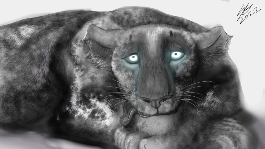 absurd_res digital_media_(artwork) felid female feral fur hi_res lion mammal monochrome pantherine pinup pose quadruped solo soulgryph