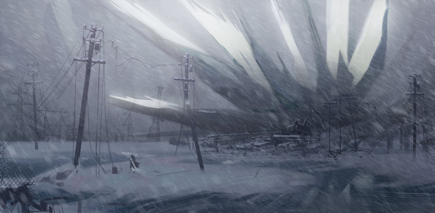 absurd_res ambiguous_gender anthro awaldkize clothed clothing coat faceless_ambiguous faceless_anthro faceless_character grey_clothing grey_coat grey_hair grey_topwear hair hi_res melee_weapon obscured_eyes outside power_lines rear_view snow snowing solo standing storm sword topwear unsigned weapon white_tail
