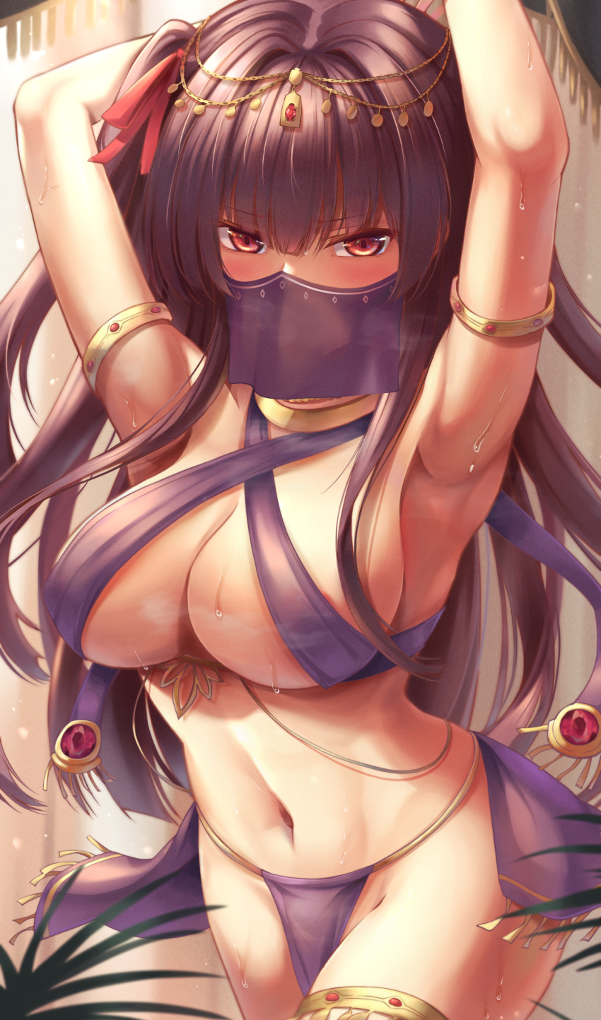 1girl alternate_costume armpits arms_behind_head bangs bare_shoulders belly_dancing bikini blush bracer breasts cleavage dancer feet_out_of_frame girls'_frontline hair_ornament hair_ribbon highres jewelry large_breasts leaning_forward long_hair looking_at_viewer mouth_veil navel necklace presenting_armpit purple_bikini purple_hair red_eyes ribbon side_ponytail solo standing stomach sweat sweatdrop swimsuit veil wa2000_(girls'_frontline) xlscaler