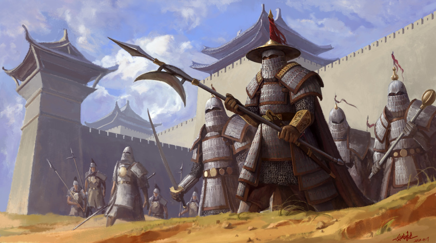 6+boys absurdres armor blue_sky brown_gloves castle chainmail cloud dated day gloves helmet highres holding holding_club holding_polearm holding_sword holding_weapon mount_&amp;_blade multiple_boys outdoors polearm sancliff sky spear standing sword warrior weapon
