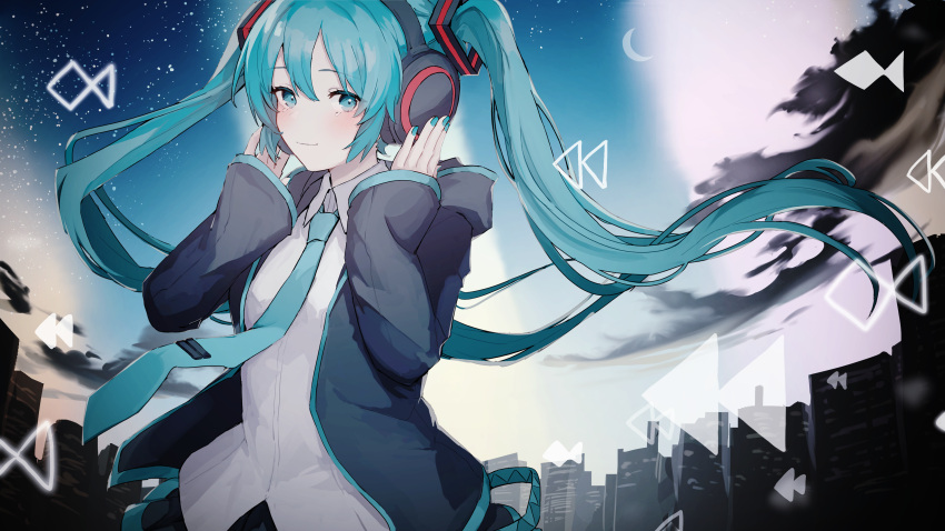 1girl absurdres aqua_eyes aqua_hair aqua_nails aqua_necktie bangs black_clouds black_skirt cityscape closed_mouth collared_shirt crescent_moon hair_between_eyes hands_on_headphones hatsune_miku headphones headset highres hood hoodie light_smile long_hair long_sleeves looking_at_viewer moon necktie pleated_skirt rewind_button shiratakiseaice shirt skirt sky sleeves_past_wrists smile solo star_(sky) starry_sky tie_clip twintails vocaloid white_shirt