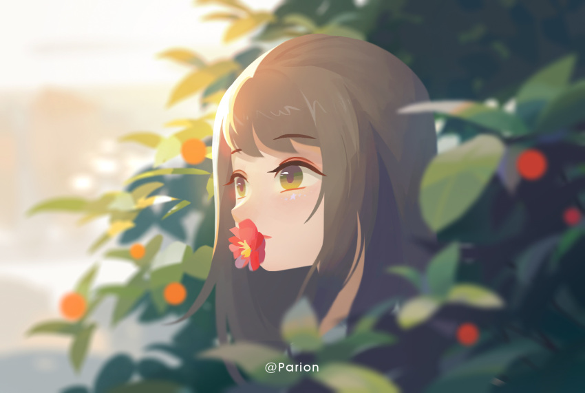 1girl artist_name blurry blurry_background blurry_foreground brown_hair day flower green_eyes highres original outdoors parion plant portrait solo