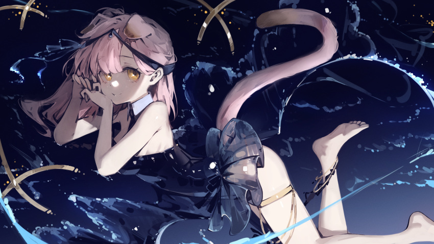 1girl alternate_costume alternate_hairstyle animal_ears anklet arknights bare_shoulders barefoot black_dress breasts cat_ears cat_girl cat_tail closed_mouth detached_collar dress goldenglow_(arknights) hair_down highres jewelry libiadan long_hair looking_at_viewer medium_breasts own_hands_together pink_hair short_dress smile solo strapless strapless_dress tail water yellow_eyes