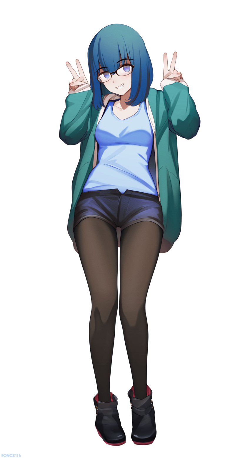 1girl absurdres alternate_costume artist_name black_footwear black_pantyhose blue_eyes blue_hair blue_hoodie blue_tank_top blush boots breasts collarbone commission commissioner_upload denim denim_shorts double_v full_body grin highres hina_(hinamatsuri) hinamatsuri_(manga) hood hoodie looking_at_viewer once_11h pantyhose parted_lips short_hair short_shorts shorts simple_background small_breasts smile solo tank_top teeth twitter_username v white_background