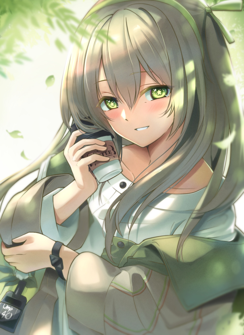 1girl bangs blush breasts casual coffee_cup collarbone cup disposable_cup girls'_frontline green_eyes green_hairband green_ribbon grey_hair hair_ribbon hairband highres holding holding_cup id_card jacket long_hair long_sleeves looking_at_viewer multicolored_clothes multicolored_jacket official_alternate_costume open_clothes open_jacket open_mouth petals ribbon shirt simple_background smile solo star-shaped_pupils star_(symbol) symbol-shaped_pupils two-tone_jacket ump40_(girls'_frontline) upper_body watch white_shirt xlscaler