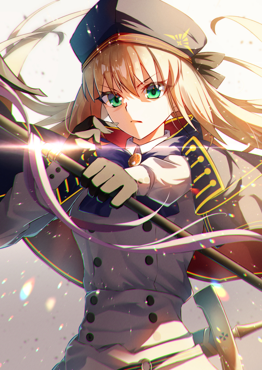 1girl absurdres artoria_caster_(fate) artoria_caster_(second_ascension)_(fate) artoria_pendragon_(fate) belt beret black_gloves blue_belt blue_headwear bow cloak closed_mouth collared_shirt fate/grand_order fate_(series) gloves gold_trim green_eyes hair_bow hat highres holding holding_staff long_hair long_sleeves looking_at_viewer multicolored_cloak one_heart1201 purple_bow shirt skirt staff sun sunlight sword twintails weapon white_background white_skirt