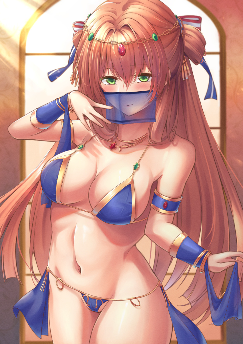 1girl alternate_costume arm_up bangs bare_shoulders belly_dancing bikini blue_bikini blush breasts cleavage closed_mouth collarbone dancer feet_out_of_frame girls'_frontline green_eyes hair_ornament hair_ribbon highres jewelry lips long_hair looking_at_viewer medium_breasts mouth_veil navel necklace orange_hair ribbon smile solo springfield_(girls'_frontline) standing stomach swimsuit veil xlscaler