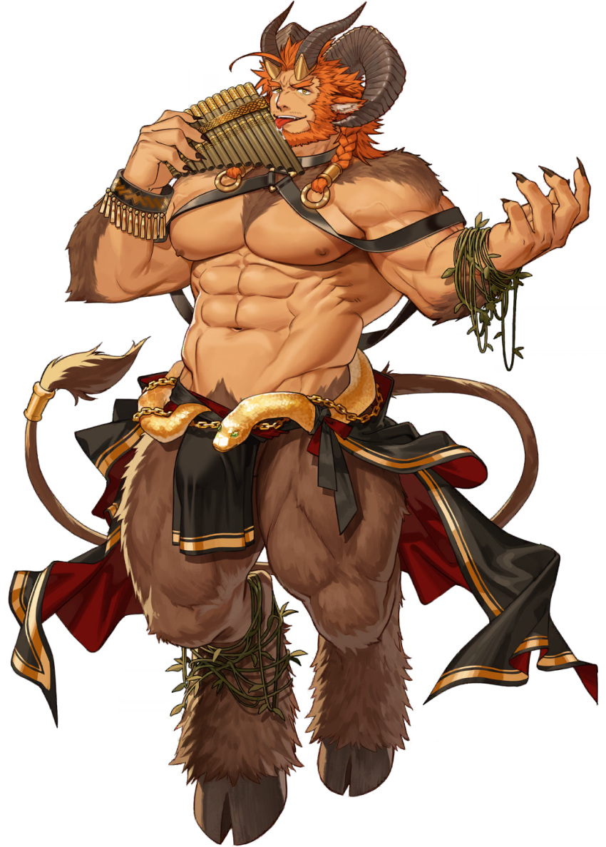 1boy abs animal_ears another_eidos-r azmond_(another_eidos) bara beard biceps body_fur braid brown_fur bulge chest_harness clothes_around_waist curled_horns facial_hair fingernails flute fork full_body goat_boy goat_ears goat_horns goat_tail gomtang harness highres holding holding_instrument horns instrument large_bulge large_pectorals licking_object long_hair looking_at_viewer male_focus male_pubic_hair mature_male monster_boy muscular muscular_male mustache navel nipples non-web_source official_art open_hand orange_hair pectorals pelvic_curtain plant pubic_hair pubic_hair_peek saliva satyr seductive_smile sharp_fingernails single_braid smile snake solo stomach tail_raised thick_eyebrows thick_thighs thighs tongue tongue_out topless_male vines