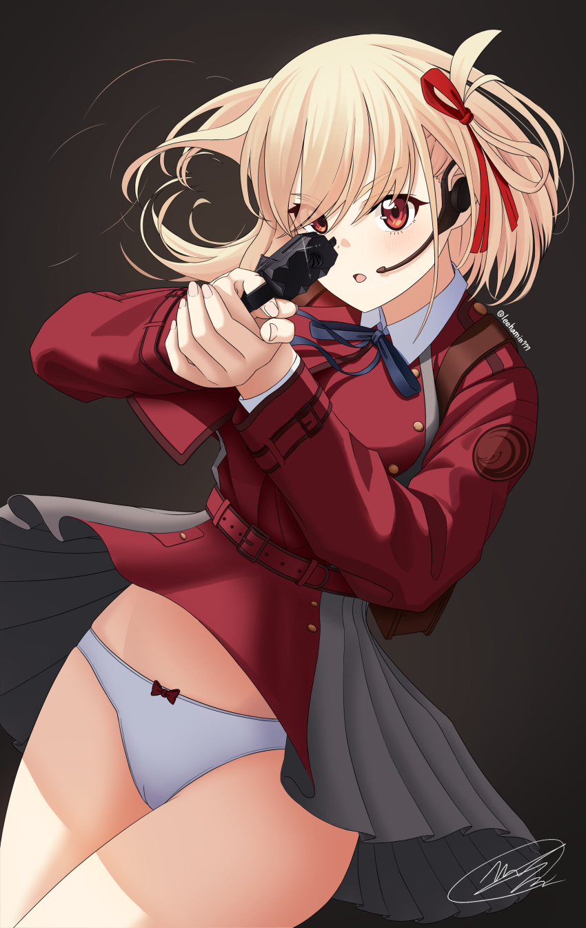 1girl absurdres artist_name bangs black_background blonde_hair blush breasts clothes_lift commentary dress dress_lift feet_out_of_frame gun handgun headset highres holding holding_gun holding_weapon leehamin777 lifted_by_self long_hair long_sleeves looking_at_viewer lycoris_recoil lycoris_uniform m1911 medium_breasts nishikigi_chisato open_mouth panties red_eyes solo standing thighs twitter_username two-tone_dress underwear weapon white_panties