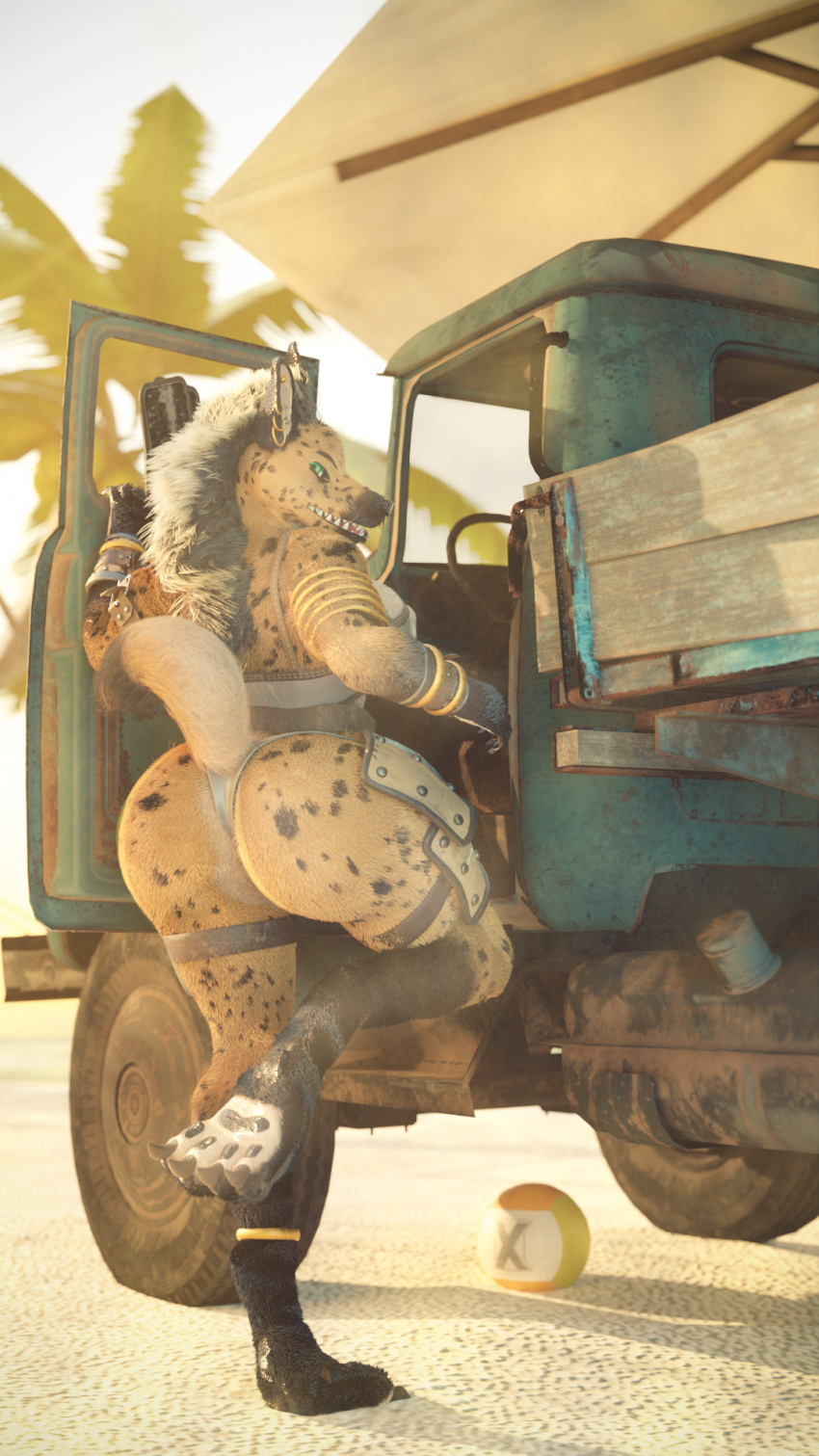 9:16 anthro big_breasts breasts butt canid canine clothed clothing digital_media_(artwork) female fur hi_res hyaenid mammal muscular parovozik solo spotted_hyena vehicle