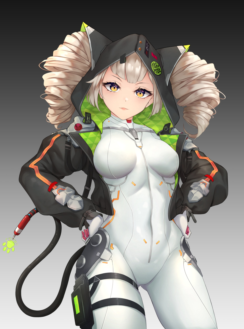 1girl bangs blonde_hair bodysuit breadthree breasts covered_navel drill_hair fake_tail hand_on_hip highres hood hooded_jacket jacket looking_at_viewer medium_breasts medium_hair shiro_(tower_of_fantasy) simple_background smile standing tail tower_of_fantasy twin_drills white_bodysuit yellow_eyes