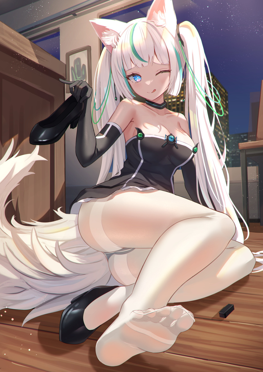 1girl ;q animal_ear_fluff animal_ears ass bare_shoulders black_choker black_dress black_footwear black_gloves blue_eyes breasts choker cleavage closed_mouth collarbone cross-shaped_pupils dress elbow_gloves feet foreshortening fox_ears fox_girl fox_tail gloves high_heels highres holding long_hair looking_at_viewer medium_breasts mirufuaa multicolored_hair naughty_face no_shoes one_eye_closed original pantyhose shoes shoes_removed short_dress sitting smile solo strapless strapless_dress streaked_hair symbol-shaped_pupils tail thighband_pantyhose toes tongue tongue_out twintails very_long_hair white_hair white_pantyhose yokozuwari