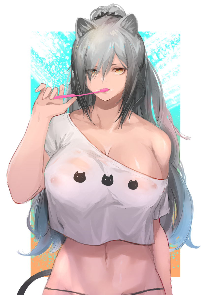 1girl absurdres animal_ears arknights bangs brushing_teeth cat_ears cat_tail commentary_request crop_top crop_top_overhang grey_hair hand_up highres holding holding_toothbrush long_hair looking_at_viewer midriff navel off-shoulder_shirt off_shoulder ponytail schwarz_(arknights) shirt short_sleeves single_bare_shoulder solo stomach tail toothbrush upper_body very_long_hair white_shirt yellow_eyes yujieai