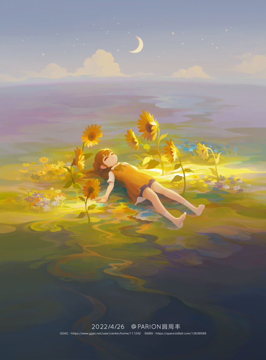 1girl absurdres artist_name bow brown_hair child closed_eyes cloud crescent_moon dated dress faye_(finding_paradise) finding_paradise flower grass highres lying moon on_back outdoors parion short_sleeves socks solo sunflower web_address white_socks yellow_dress