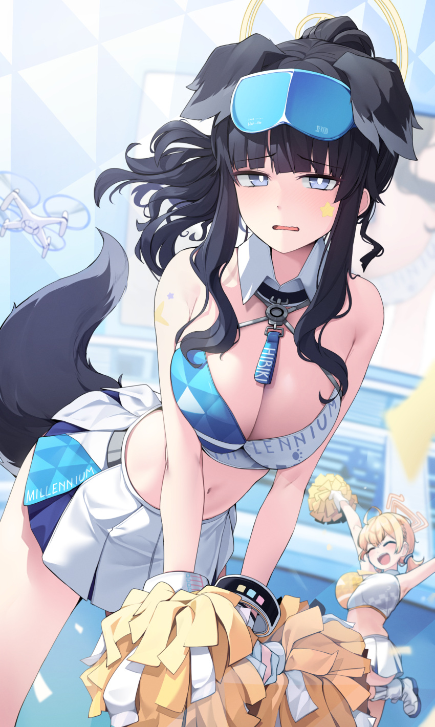 2girls ^_^ ^o^ animal_ears arms_up bangs bare_shoulders black_hair black_tail blue_archive blue_eyes breasts bright_pupils character_name cheerleader cleavage closed_eyes collar criss-cross_halter crop_top ddangbi detached_collar dog_ears dog_girl dog_tail eyewear_on_head facial_mark halo halterneck hibiki_(blue_archive) hibiki_(cheerleader)_(blue_archive) highres kotori_(blue_archive) long_hair looking_at_viewer multiple_girls name_tag navel parted_lips pleated_skirt pom_pom_(cheerleading) ponytail raised_eyebrows shirt sidelocks skirt solo_focus star_(symbol) star_facial_mark stomach tail thighs white_collar white_pupils white_shirt white_skirt wing_collar