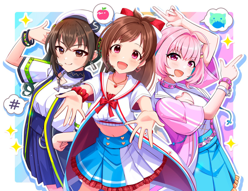 #unicus_(idolmaster) 3girls ahoge antenna_hair apple black_hair blush bracelet breasts brown_hair cat cleavage cleavage_cutout clothing_cutout collage collarbone crop_top earrings fang finger_gun finger_gun_to_head food foreshortening fruit hair_intakes headset heart heart_cutout heart_earrings highres idolmaster idolmaster_cinderella_girls idolmaster_cinderella_girls_starlight_stage jewelry large_breasts looking_at_viewer medium_breasts multiple_girls navel outline pink_hair pleated_skirt reaching_out sakura_ran scrunchie sharp_sign skirt sparkle speech_bubble sunazuka_akira tsujino_akari white_outline wrist_scrunchie yumemi_riamu