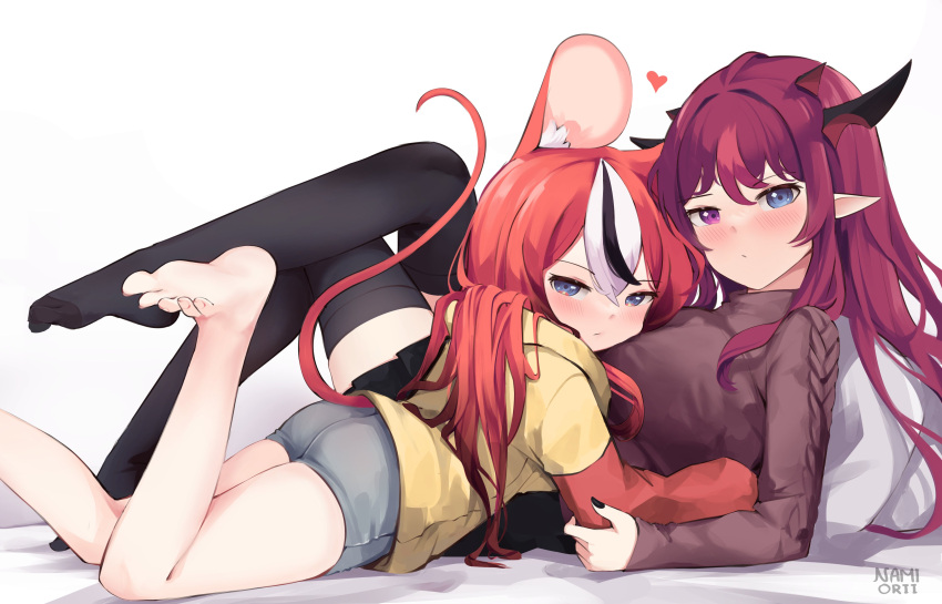 absurdres animal_ears barefoot black_hair blue_eyes hair_ornament hakos_baelz heterochromia highres hololive hololive_english horns irys_(hololive) long_hair long_sleeves looking_at_viewer miniskirt mouse_ears mouse_girl mouse_tail multicolored_hair multiple_girls namiorii pillow purple_eyes purple_hair red_hair short_shorts shorts skirt streaked_hair sweater tail thighhighs twintails virtual_youtuber white_hair