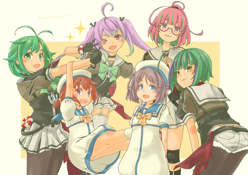 6+girls absurdres antenna_hair ass back belt black_belt black_gloves blue_sailor_collar bob_cut bow breasts brown_eyes brown_hair corset cutoffs double_bun dress glasses gloves green_hair green_shirt grey_eyes grey_hair grey_sailor_collar grey_shorts grey_skirt hair_bun hair_rings hat highres inverted_bob juliet_sleeves kaiboukan_no._30_(kancolle) kaiboukan_no._4_(kancolle) kantai_collection large_breasts long_hair long_sleeves low_twintails matsu_(kancolle) momo_(kancolle) multicolored_hair multiple_girls orange_eyes pantyhose pink-framed_eyewear pink_hair pot-de puffy_sleeves purple_hair red_eyes sailor_collar sailor_dress sailor_hat sailor_shirt school_uniform serafuku shirt short_hair short_shorts shorts skirt streaked_hair take_(kancolle) twintails ume_(kancolle) white_dress white_headwear yellow_bow