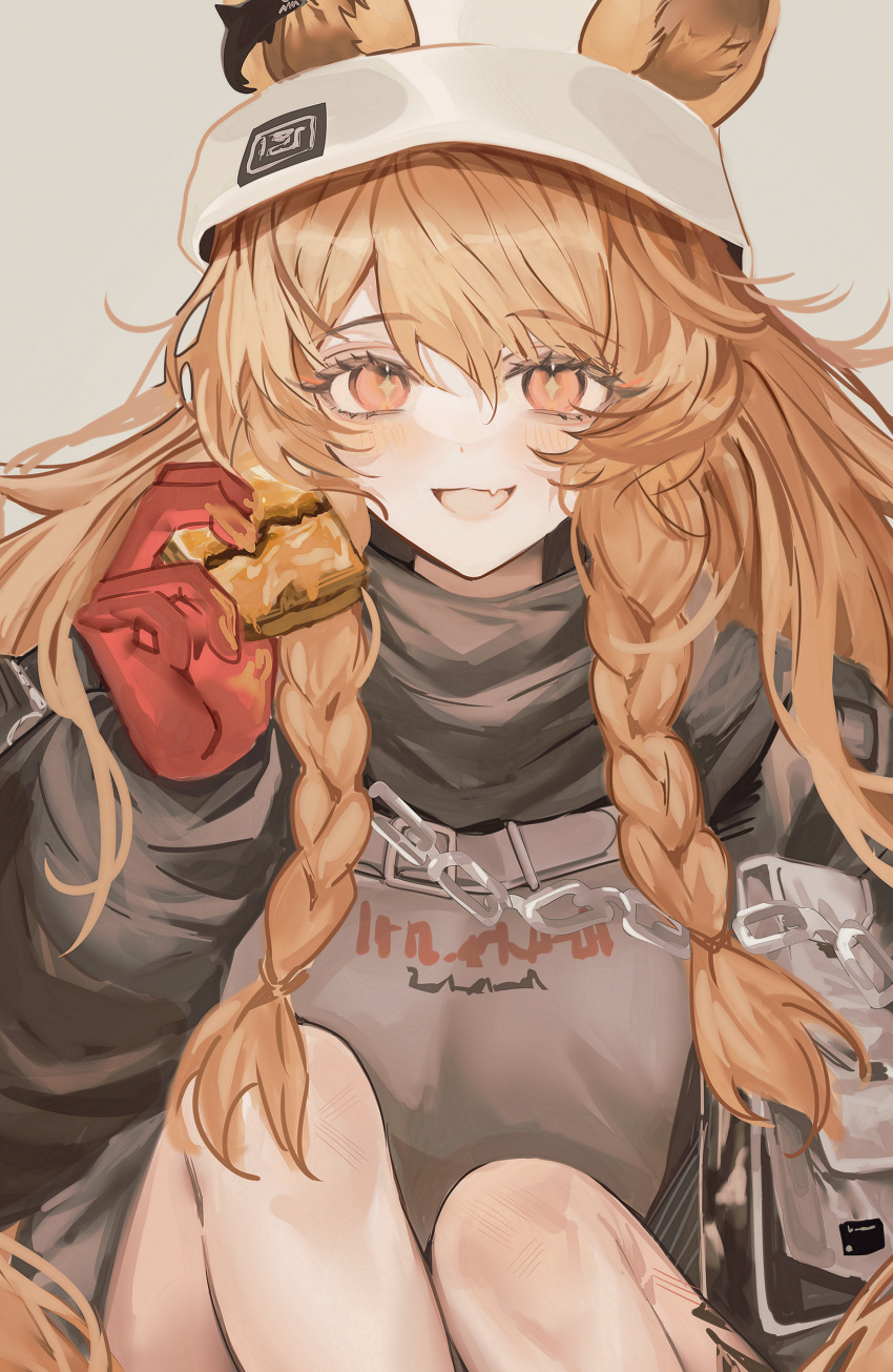 1girl :d absurdres animal_ears arknights braid brown_hair ceobe_(arknights) ceobe_(unfettered)_(arknights) chise_(cym23730) commentary_request dog_ears ears_through_headwear food gloves highres holding holding_food knees_up long_hair looking_at_viewer official_alternate_costume open_mouth orange_eyes red_gloves sitting smile solo twin_braids very_long_hair white_headwear