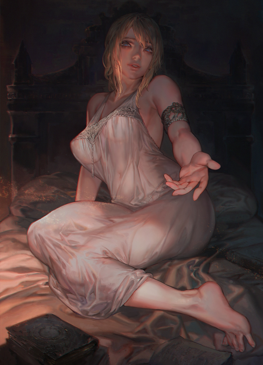 1girl absurdres aoin arm_support armlet barefoot bed blonde_hair book breasts covered_navel covered_nipples dark_background dress elden_ring feet fia_the_deathbed_companion highres outstretched_arm parted_lips pillow reaching_out solo toes white_dress