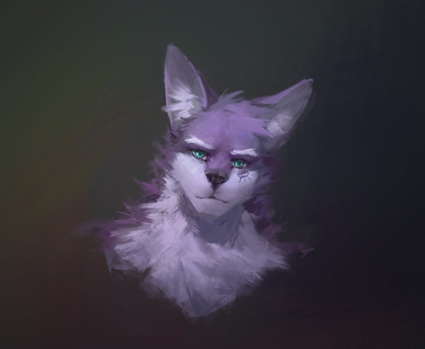 anthro awaldkize black_nose blue_eyes bust_portrait canid cheek_tuft eyebrows facial_tuft front_view fur head_tuft hi_res inner_ear_fluff looking_at_viewer male mammal mouth_closed neck_tuft portrait purple_body purple_ears purple_fur simple_background solo tuft unsigned white_body white_eyebrows white_fur white_inner_ear_fluff