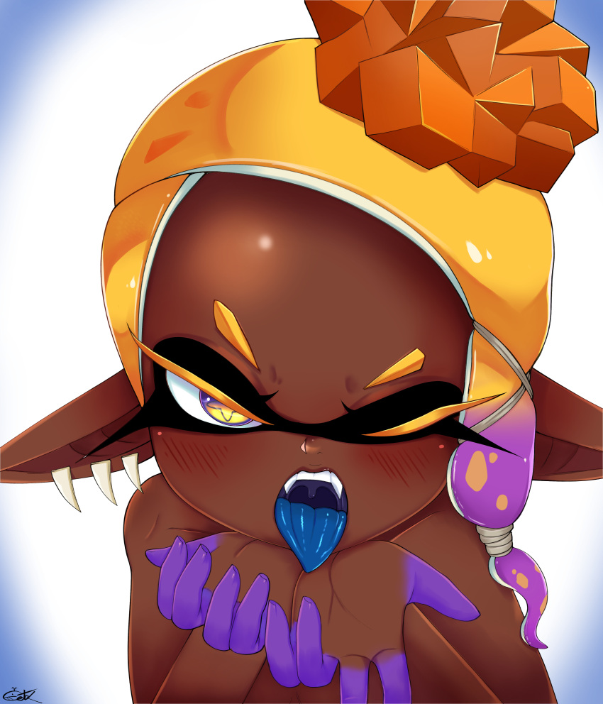 absurd_res accessory animal_humanoid blue_background blue_tongue blush blush_lines cephalopod cephalopod_humanoid dark_body dark_skin ear_piercing eyelashes facial_markings fangs female frye_(splatoon) hair hair_accessory head_markings hi_res humanoid humanoid_pointy_ears inkling jolli-ceta marine marine_humanoid markings mollusk mollusk_humanoid multicolored_hair nintendo nude one_eye_closed open_mouth orange_hair piercing pseudo_hair pupils purple_eyes purple_hair simple_background solo splatoon tentacle_hair tentacles tongue tongue_out two_tone_hair unusual_pupils video_games white_background