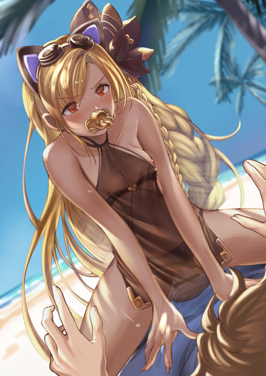 1boy 1girl absurdres animal_ears bangs bar_censor bare_shoulders beach bikini bikini_aside black_bikini blonde_hair blue_sky blush braid breasts brown_hair censored clothing_aside cowgirl_position dark-skinned_female dark_skin day dress femdom fingernails goggles goggles_on_head gran_(granblue_fantasy) granblue_fantasy hair_ribbon helel_ben_shalem hetero highres long_hair navel nipples nyapanu ocean outdoors pacifier palm_tree penis pussy red_eyes ribbon see-through sex sky small_breasts solo_focus squatting_cowgirl_position straddling swimsuit tree vaginal very_long_hair