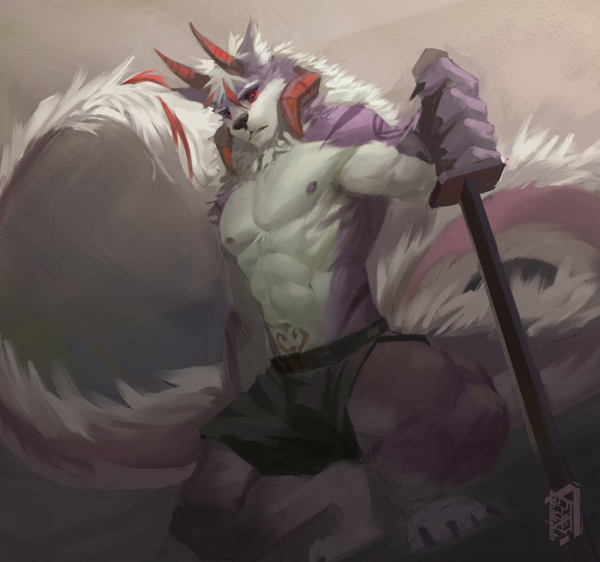 4_horns abs absurd_res anthro artist_name awaldkize black_bottomwear black_clothing black_sclera bottomwear canid clothed clothing crouching full-length_portrait fur hair hi_res holding_object holding_sword holding_weapon horn looking_at_viewer male mammal melee_weapon multi_horn muscular muscular_anthro muscular_male navel nipples pecs portrait purple_body purple_fur purple_nipples red_eyes red_horn short_hair simple_background solo sword topless weapon white_body white_fur white_hair
