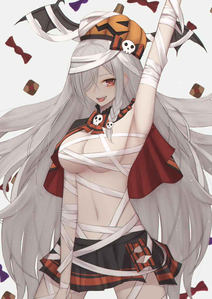 1girl armpits bandaged_arm bandaged_chest bandaged_head bandaged_leg bandages bangs black_skirt blush bow braid breasts cape cleavage feet_out_of_frame g36c_(burning-eyed_g36c)_(girls'_frontline) g36c_(girls'_frontline) girls'_frontline grey_hair hair_bow halloween halloween_costume hand_up highres long_hair looking_at_viewer medium_breasts navel no_bra official_alternate_costume open_mouth pumpkin_hat red_eyes single_braid skirt smile solo standing stomach teeth thomas_8000 tongue upper_teeth very_long_hair white_background