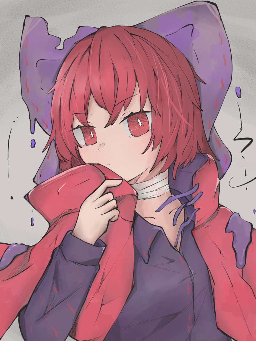 1girl absurdres bandage_on_neck bandages black_shirt bow cloak collared_shirt commentary_request hair_bow highres long_sleeves nyo_(fy_1) purple_bow red_cloak red_eyes red_hair sekibanki shirt short_hair solo touhou