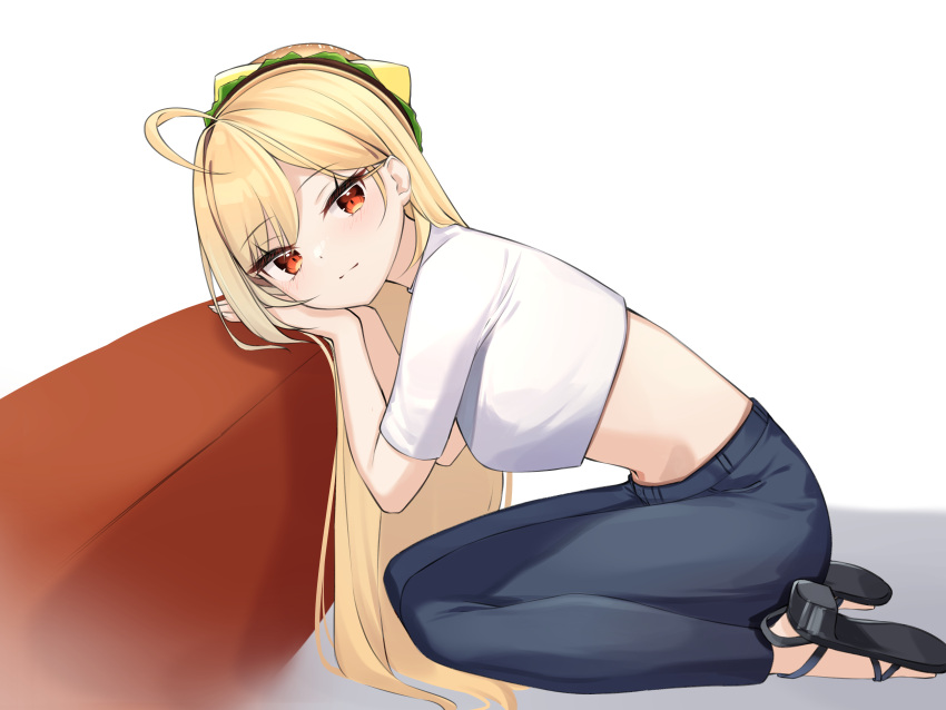 1girl absurdres ahoge blonde_hair blue_pants breasts closed_mouth crop_top denim from_side hamburger_hat hat highres jingburger kneeling long_hair looking_at_viewer looking_to_the_side medium_breasts midriff pants red_eyes sandals shirt short_sleeves solo stomach very_long_hair virtual_youtuber waktaverse white_shirt ziro_(zirorong)