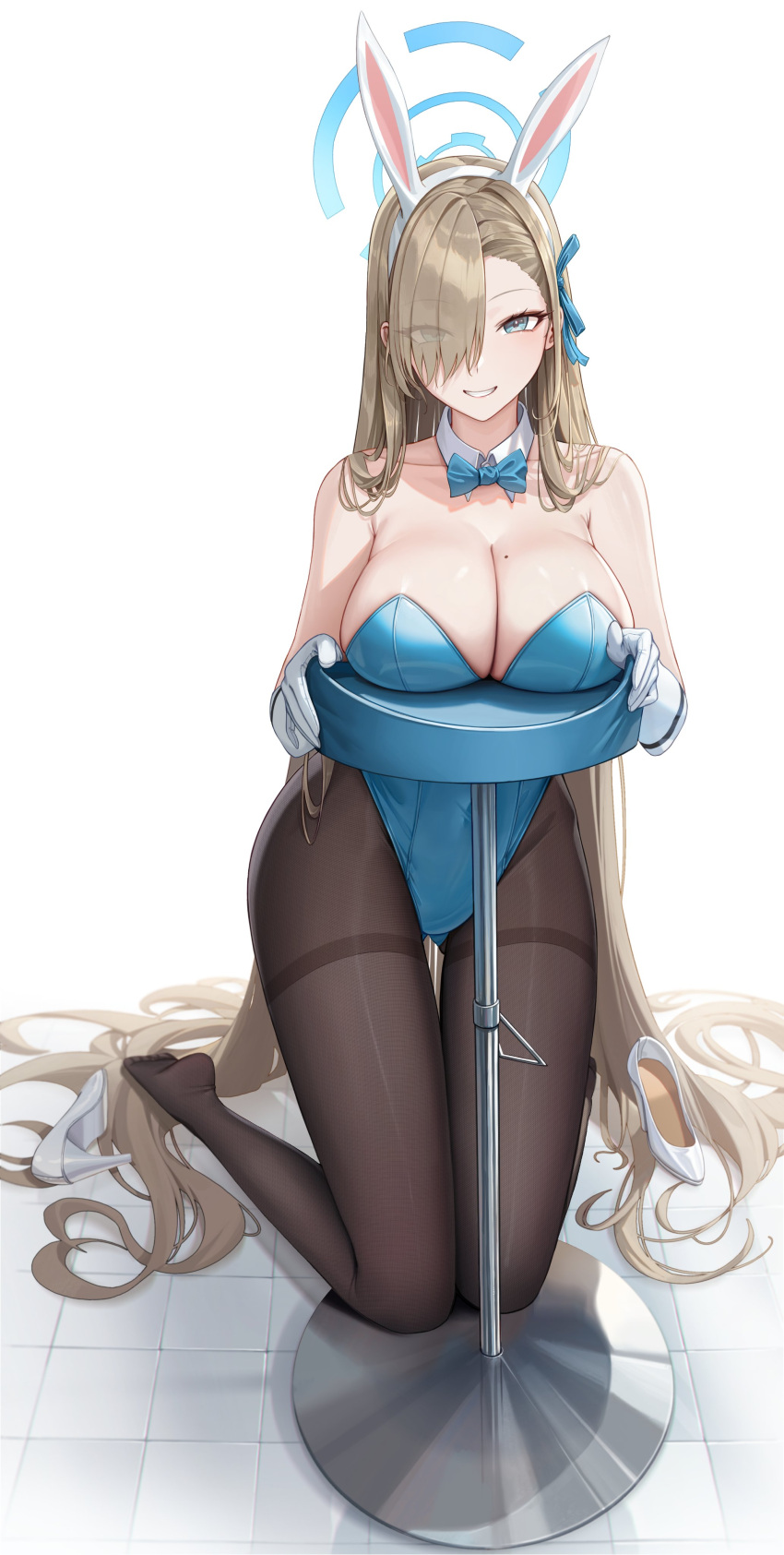 1girl absurdly_long_hair absurdres animal_ears asuna_(blue_archive) asuna_(bunny)_(blue_archive) bare_shoulders blonde_hair blue_archive blue_bow blue_bowtie blue_eyes blue_leotard bow bowtie breast_rest breasts brown_pantyhose cleavage collarbone cryturtle detached_collar eyes_visible_through_hair full_body gloves grin hair_over_one_eye hair_ribbon halo highres kneeling large_breasts leotard long_hair looking_at_viewer mole mole_on_breast pantyhose parted_lips rabbit_ears ribbon shoes shoes_removed smile solo stool straight_hair thighband_pantyhose tile_floor tiles very_long_hair white_gloves wide_hips