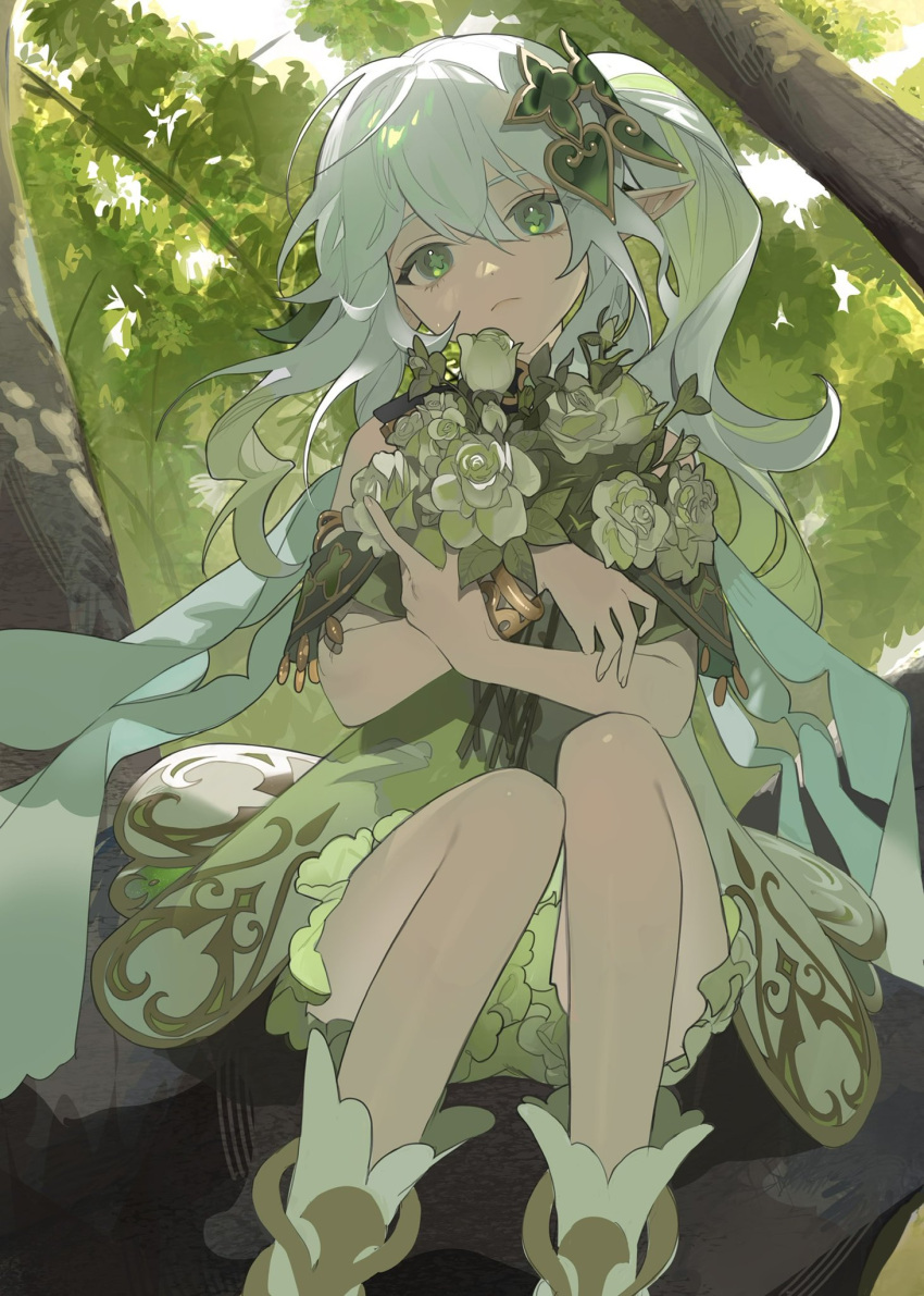 +_+ 1girl bouquet closed_mouth commentary dress eyebrows_hidden_by_hair fingernails frown full_body genshin_impact green_dress green_eyes green_flower green_hair hair_between_eyes hair_ornament highres holding holding_bouquet in_tree kushami_deso leaf looking_at_viewer nahida_(genshin_impact) one_side_up outdoors pointy_ears shoes sitting sitting_in_tree solo tree wavy_hair white_footwear white_hair