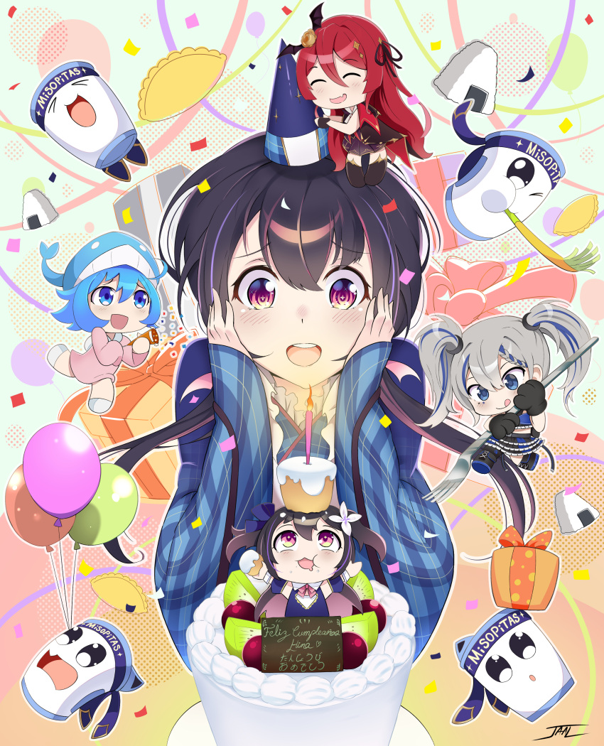 1boy 4girls :d :p ^_^ absurdres animal_hands balloon bat_hair_ornament birthday birthday_cake black_cape black_hair black_skirt blue_eyes blue_hair blue_headband blue_headwear blue_kimono blush box cake candle cape chibi closed_eyes confetti crescent crescent_hair_ornament cup_ramen cupcake empanada flower food fork fruit gift gift_box gloves grey_hair hachimaki hair_flower hair_ornament hair_ribbon hands_on_own_cheeks hands_on_own_face happy hat headband highres himea_d'almaria hina_misora holding holding_fork jaal_art japanese_clothes kimono kiwi_(fruit) kiwi_slice kujira-chan_(hina_misora) layered_skirt long_hair misopita_(hina_misora) multicolored_hair multiple_girls onigiri party_hat party_horn party_popper party_whistle paw_gloves pink_eyes pink_hair pink_sweater plaid_kimono polka_dot ribbon rose rurine_luna sailor_collar short_hair signature skirt smile spanish_text sparkle_hair_ornament streaked_hair surprised sweater symbol-shaped_pupils teeth tongue tongue_out translation_request two-tone_hair two_side_up upper_teeth vampire_costume virtual_youtuber wactor_production whale_hat yellow_flower yellow_rose