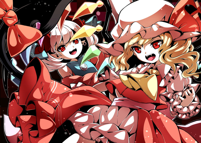 2girls :3 :d ascot bangs bloomers blue_shirt bow commentary crystal detached_sleeves earrings fangs feet_out_of_frame flandre_scarlet hat hat_ribbon highres horizontal_pupils horns jewelry laevatein_(touhou) long_hair medium_hair mob_cap multiple_girls open_mouth pointy_ears red_bow red_eyes red_horns red_ribbon red_skirt red_sleeves red_vest ribbon sharp_teeth shirt short_sleeves skirt sleeveless sleeveless_shirt smile teeth tongue touhou touhou_gouyoku_ibun toutetsu_yuuma underwear vest white_headwear white_shirt wings wrist_cuffs yellow_ascot yuka_yukiusa