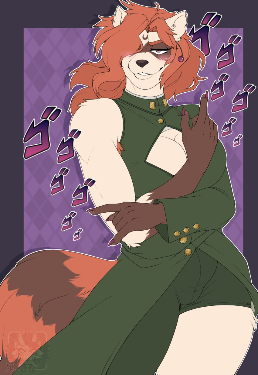 anime_style anthro blush breasts canid canine cleavage clothed clothing cosplay costume female fluffy fluffy_tail hair halloween hi_res holidays jojo's_bizarre_adventure lilibet_adams_(candygurl) mammal noriaki_kakyoin raccoon_dog red_hair solo solo_focus tanuki unluckyoni