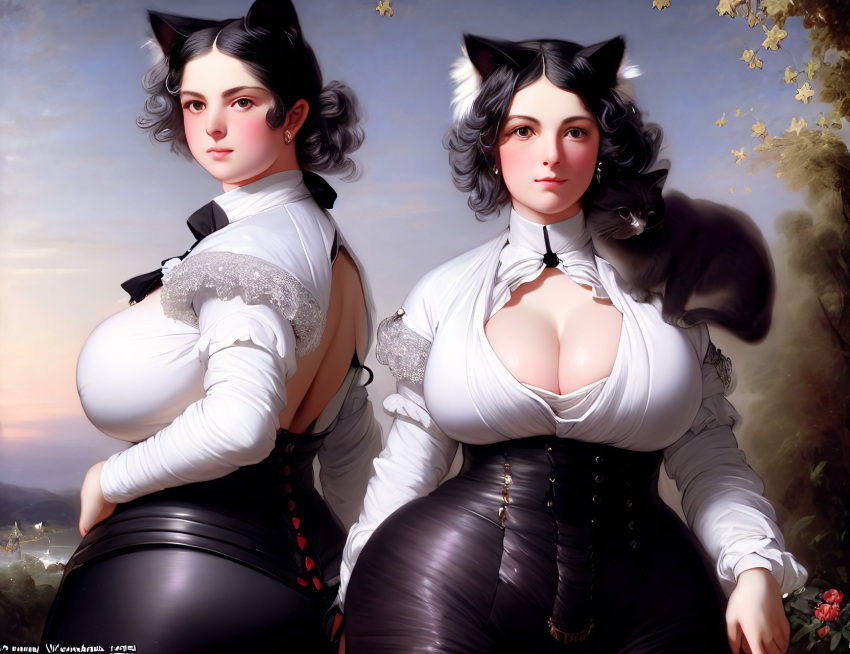 2girls ai-generated animal_ears animal_on_shoulder ass back-to-back back_cutout black_hair black_pants blush breasts brown_eyes cat cat_ears cat_on_shoulder cleavage cleavage_cutout clothing_cutout earrings fine_art_parody forehead frilled_shirt frills high-waist_pants highres huge_breasts jewelry lips looking_at_viewer multiple_girls nose original pants parody parted_hair pinup_(style) shirt short_hair white_shirt wide_hips