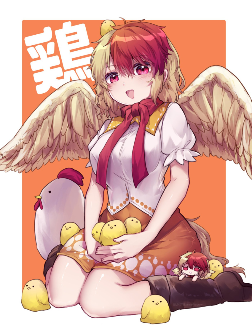 1girl animal_on_head bangs bird bird_on_head bird_tail bird_wings blonde_hair border breasts brown_footwear chick chicken choker collared_shirt commentary_request dress feathered_wings full_body fumo_(doll) highres medium_breasts multicolored_hair niwatari_kutaka on_head open_mouth orange_background orange_dress puffy_short_sleeves puffy_sleeves red_eyes red_hair red_ribbon ribbon ribbon_choker seiza shirt short_sleeves sitting solo_focus tail tail_feathers too_many too_many_chicks touhou translation_request two-tone_hair unime_seaflower white_border white_shirt wings yellow_wings