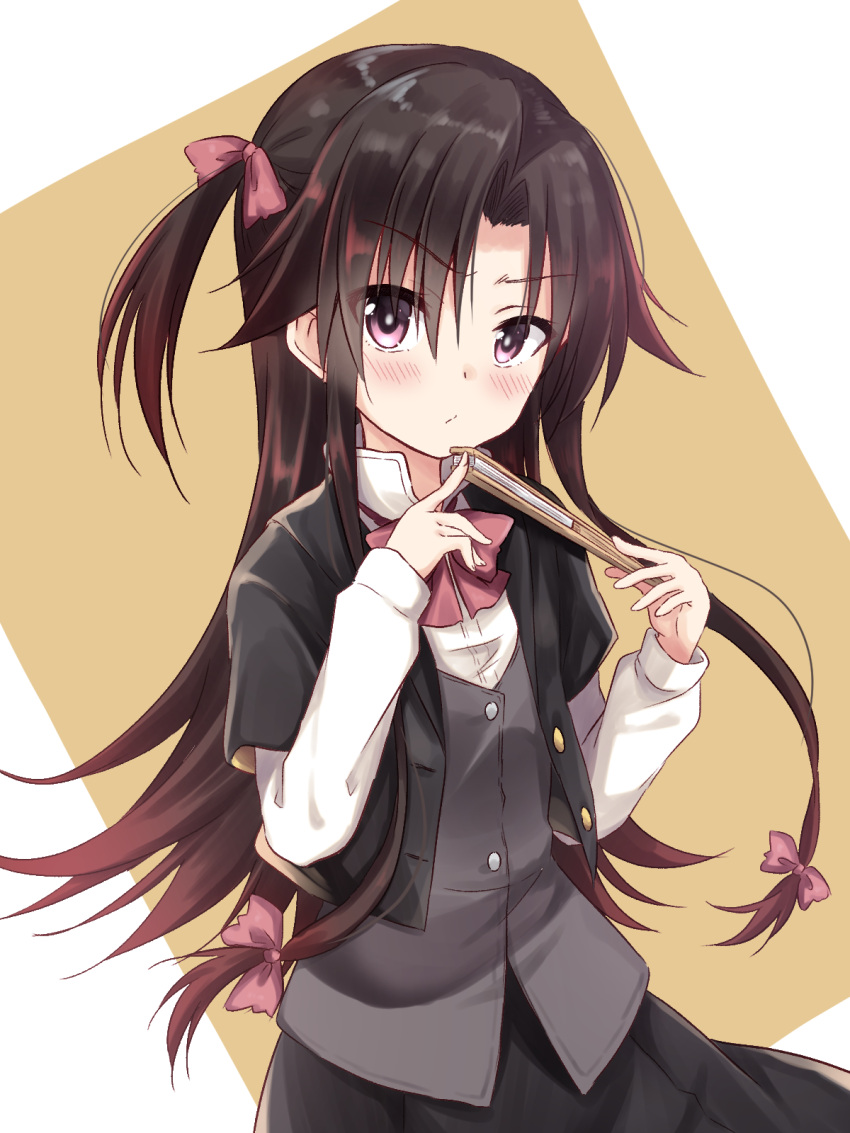 1girl akane_souichi bangs black_hair black_jacket black_skirt blush bow bowtie brown_background brown_eyes brown_hair character_request closed_mouth dress_shirt floating_hair gradient_hair grey_vest hair_between_eyes hand_fan highres holding holding_fan jacket layered_sleeves long_hair long_sleeves looking_at_viewer multicolored_hair open_clothes open_jacket red_bow red_bowtie shiny shiny_hair shirt short_over_long_sleeves short_sleeves side_ponytail skirt solo standing very_long_hair vest white_shirt