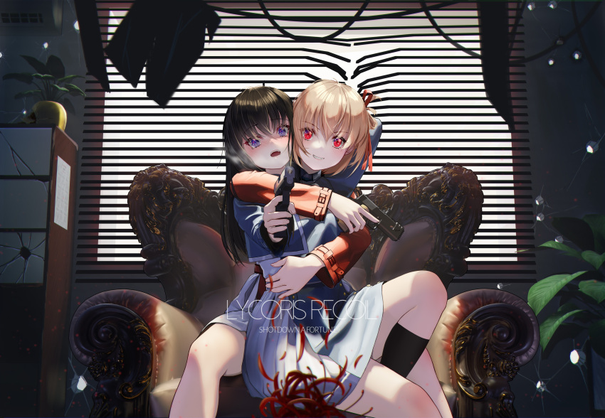 2girls black_hair blinds blonde_hair blush bullet_hole copyright_name flower gun hair_ribbon handgun highres holding holding_gun holding_weapon hug indoors long_hair lycoris_recoil lycoris_uniform multiple_girls nishikigi_chisato open_mouth plant potted_plant purple_eyes red_eyes ribbon ryuuzouji_usagi short_hair sitting skirt smoke smoking_gun socks spider_lily teeth upper_teeth weapon yuri