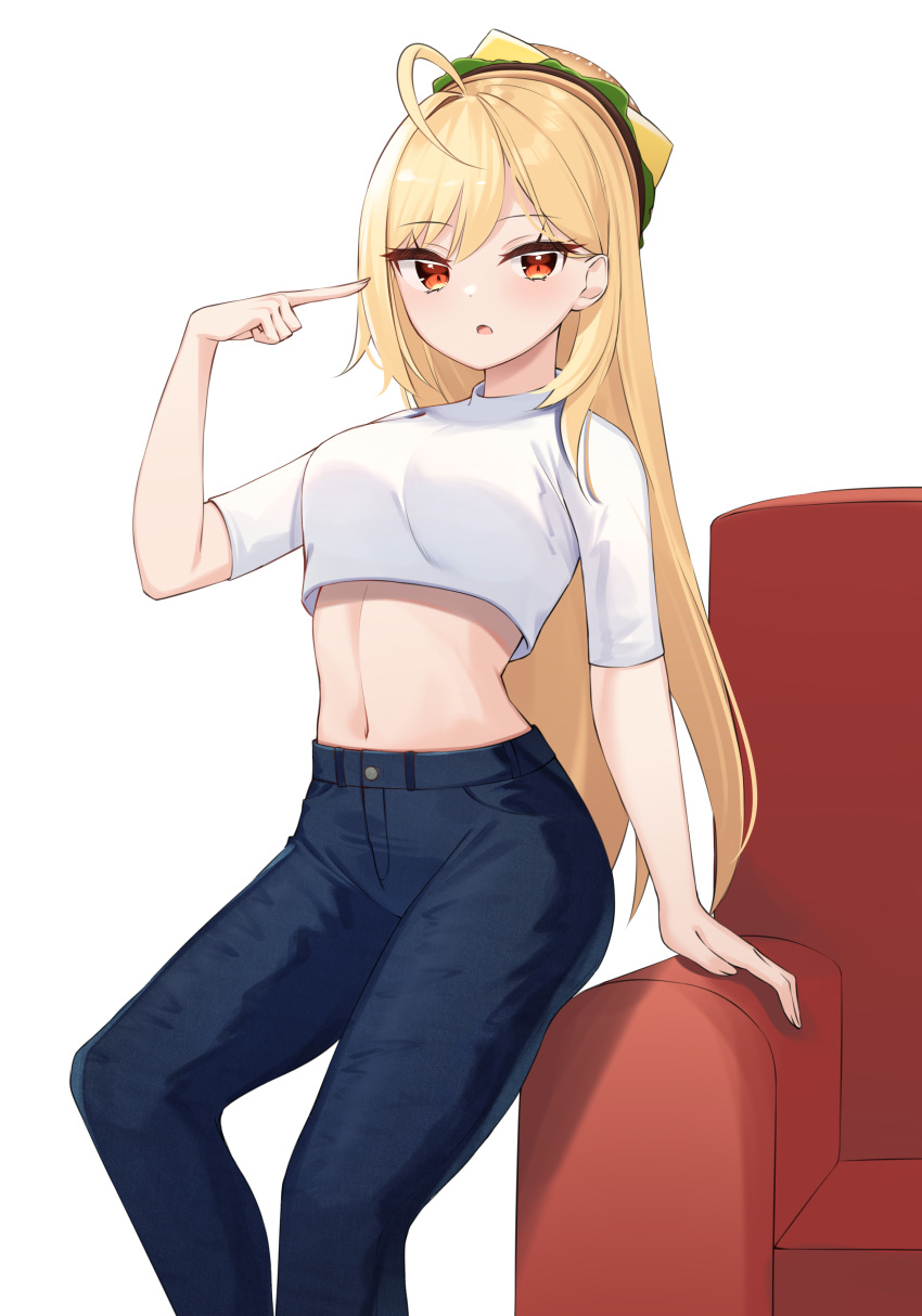 1girl :o absurdres ahoge blonde_hair blue_pants breasts crop_top crop_top_overhang denim hamburger_hat hand_up hat highres jingburger long_hair looking_at_viewer medium_breasts midriff navel pants parted_lips pointing pointing_at_self red_eyes shirt solo stomach very_long_hair virtual_youtuber waktaverse white_shirt ziro_(zirorong)