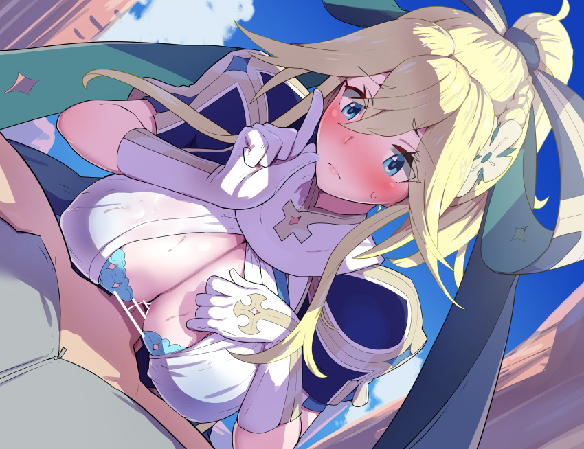 1boy 1girl absurdres alicia_(armed_fantasia) armed_fantasia armed_fantasia:_to_the_end_of_the_wilderness bar_censor blonde_hair blue_eyes blue_sky boris_(noborhys) breasts censored cleavage_cutout closed_mouth clothing_cutout cloud day gloves hetero highres long_hair outdoors paizuri paizuri_under_clothes penis ponytail sky solo_focus white_gloves