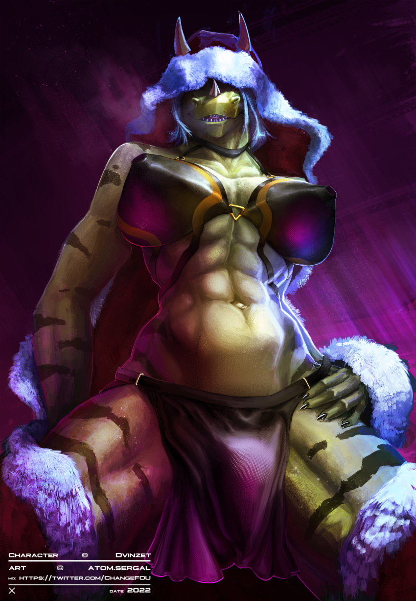 absurd_res anthro big_breasts breasts claws clothed clothing costume diana_digma dragon facial_horn female genitals green_body green_scales hair herm hi_res horn intersex nipples pussy scales scalie smile solo underwear