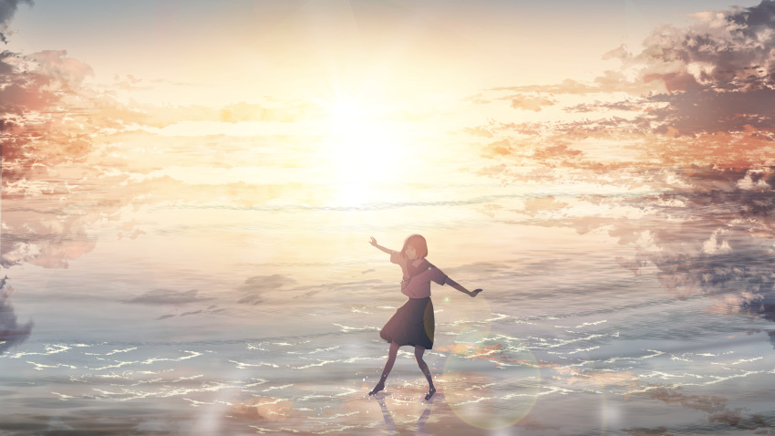 1girl absurdres cloud evening highres horizon ocean orange_sky original outdoors outstretched_arms pleated_skirt reflection reflective_water scenery school_uniform serafuku shion_08 short_hair skirt sky solo sun sunset twilight