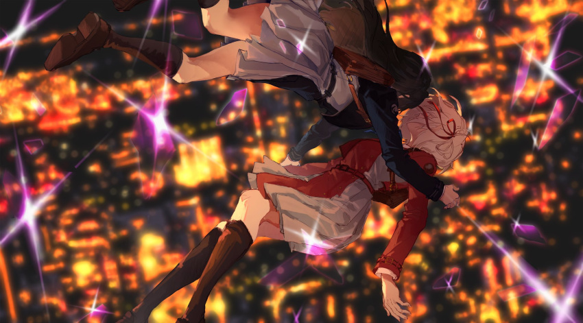 2girls bag black_hair blonde_hair broken_glass city duangjpg falling freefall glass hair_ribbon highres inoue_takina long_hair lycoris_recoil lycoris_uniform multiple_girls night nishikigi_chisato outdoors ribbon school_bag shoes short_hair skirt