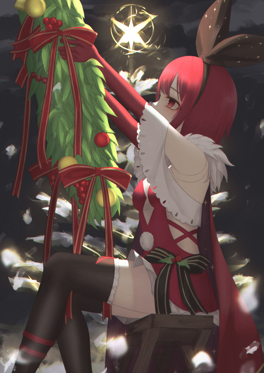 1girl bangs black_bow black_thighhighs blush bow cape christmas christmas_ornaments christmas_star christmas_tree dorothy_haze dress elbow_gloves feet_out_of_frame girls'_frontline gloves hair_bow highres holding_christmas_tree looking_up medium_hair merry_christmas red_cape red_dress red_eyes red_gloves red_hair sitting snow solo thighhighs thomas_8000 va-11_hall-a