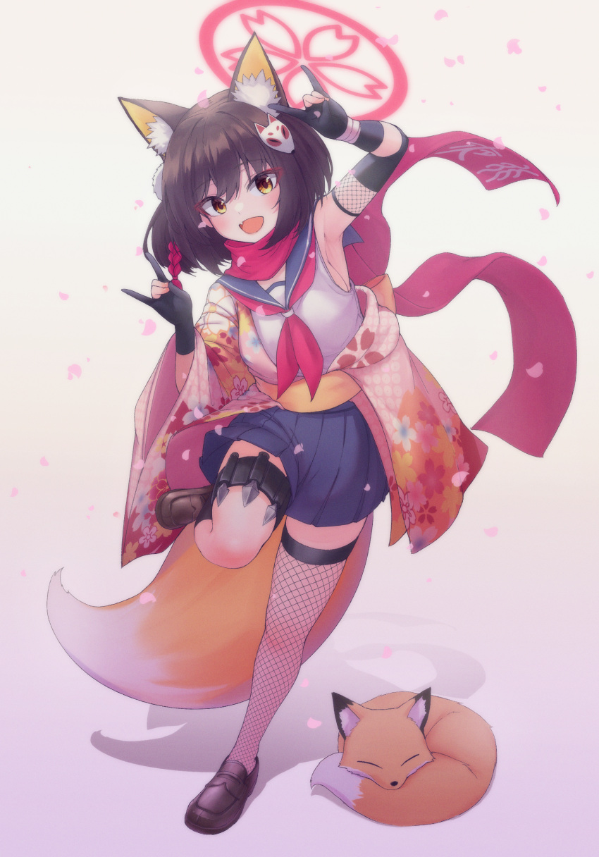 1girl absurdres animal_ear_fluff animal_ears animal_hair_ornament blue_archive brown_hair bsm_(nerdmin) fishnet_thighhighs fishnets floral_print fox fox_ears fox_girl fox_hair_ornament fox_shadow_puppet fox_tail gloves hair_ornament halo highres holster izuna_(blue_archive) japanese_clothes kunai loafers obi partially_fingerless_gloves pink_scarf pleated_skirt pom_pom_(clothes) pom_pom_hair_ornament sash scarf school_uniform serafuku shirt shoes short_hair single_thighhigh skirt sleeveless sleeveless_shirt standing standing_on_one_leg tail thigh_holster thighhighs weapon white_serafuku wrist_wrap yellow_eyes