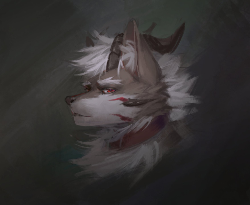 anthro awaldkize black_horn brown_body brown_fur canid cheek_tuft collar eyebrows facial_tuft fur headshot_portrait hi_res horn male mammal narrowed_eyes neck_tuft portrait red_collar red_eyes side_view simple_background solo tuft unsigned white_body white_eyebrows white_fur