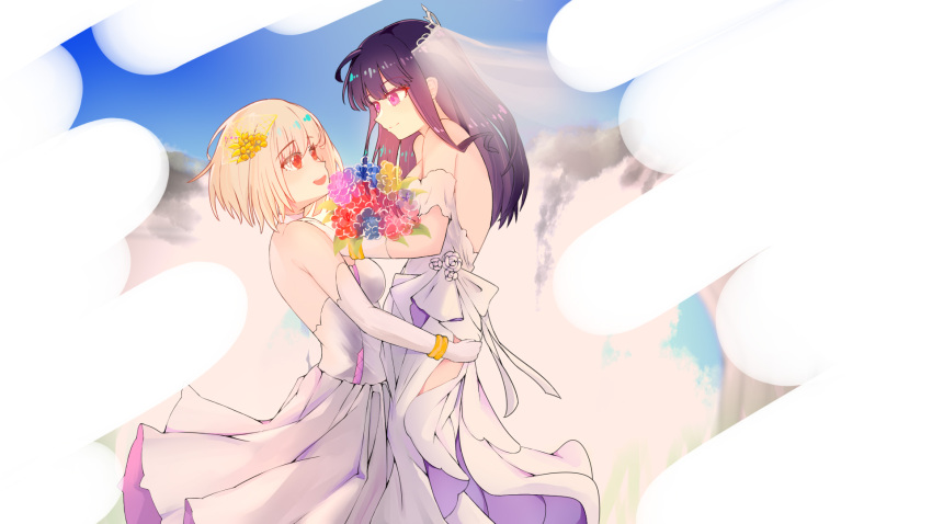 2girls black_hair blonde_hair blue_sky bridal_gauntlets bridal_veil bride day dress flower hair_flower hair_ornament highres inoue_takina lifting_person long_hair looking_at_another lycoris_recoil multiple_girls nishikigi_chisato open_mouth outdoors purple_eyes short_hair sky smile teeth tudili upper_teeth veil wedding wedding_dress wife_and_wife yuri