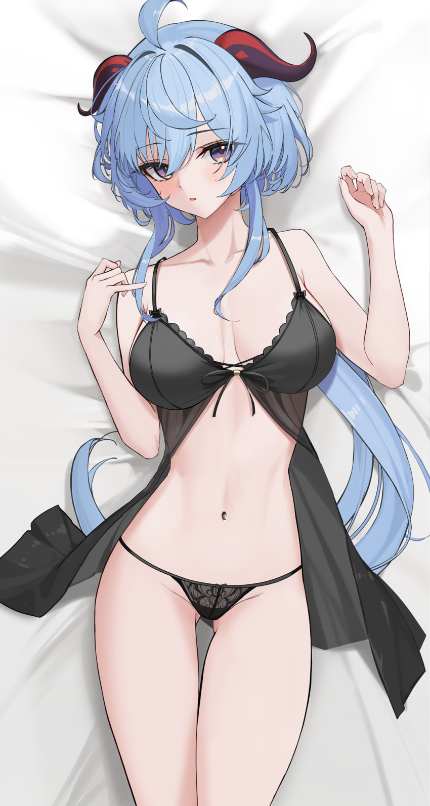 1girl ahoge ass_visible_through_thighs bed_sheet black_babydoll black_panties blue_hair breasts curled_horns ganyu_(genshin_impact) genshin_impact goat_horns highres horns lingerie long_hair lying medium_breasts navel on_back panties parted_lips purple_eyes rikui_(rella2930) solo stomach thighs underwear underwear_only very_long_hair